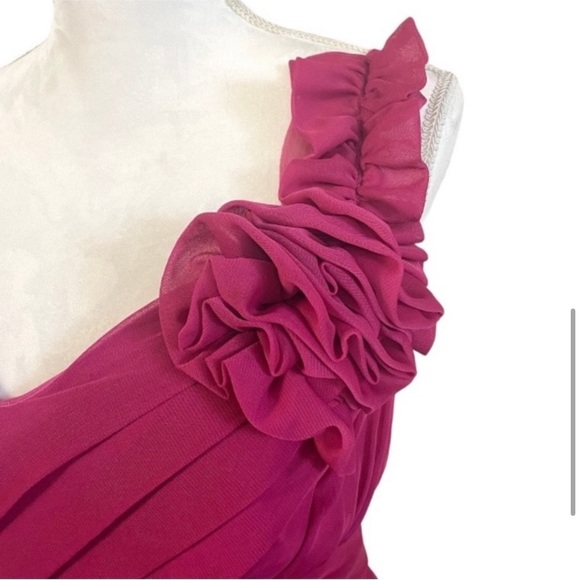 Vintage 90s Pink Chiffon One Shoulder Dress Prom Rosette Ruched Knee Length 3X - Picture 6 of 11